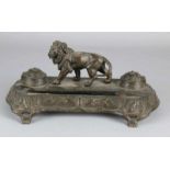 Antique ink set with lion. Composition metal. Circa 1900. Size: 15 x 29 x 17 cm. In good