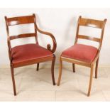 Five antique mahogany chairs. Circa 1900. One armchair Empire-style, light damage. Good velor