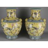 Two large old Chinese porcelain ornamental vases. Imperial yellow with dragons and blossoms, crackle