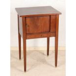 Early 19th century mahogany side table with drawer and jalousie door. Size: 70 x 44 x 32 cm. In good