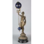 Old mysterious clock with bronze figure and marble base. Slingerveer is missing. 20th century.