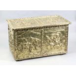 Antique brass studded wooden peat box with figures representations. First half of 20th century.