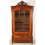 Antique German walnut Louis Philippe one-door display cabinet with two drawers. Circa 1870. Light