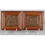 Two antique bronze plaques in oak frames. Interiors with figures. Circa 1900. Size: 10 x 12 cm. In