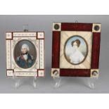 Two antique miniature portraits. Once 19th century with ladies portrait on ivory, signed