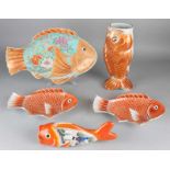 Five times Japanese antique Kutani porcelain with carp performances. Consisting of: Three fish