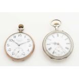 Two silver pocket watches, 800/000, one watch with a pearl edge and engraving with representation at