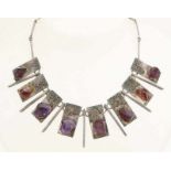 Silver choker, 800/000, with amethyst. Choker with 8 rectangular links in the middle and decorated