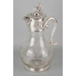 Large beautiful etched decorated jug with plated base with pearl rim, handle and frame with spout