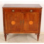 Mahogany Louis Seize penant cupboard with intarsia. Circa 1800. Original fittings, medallions,