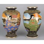 Two old Japanese Satsuma vases with gold decor and geishas. Circa 1930. One vase of hair crack.