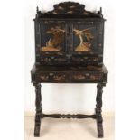 Antique Japanese lacquered ladies' bureau with four drawers and two doors. With landscapes, birds