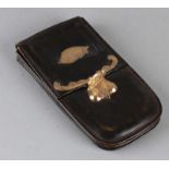 Antique leather Biedermeier holder with 585 gold lock and monogram plate. Circa 1860. Size: 14 cm.