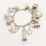 Silver charm bracelet, 925/000, jasseron bracelet with 12 old charms, including a well, bird cage,