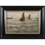 Evert Moll. 1878-1955. Boats at port entrance. Oil paint on linen. Size: 44 x 30 cm. In good