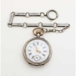 Silver pocket watch with silver chain, Pocket watch with a carved edge, with gold plated elements on