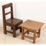 Old oak children's table and mahogany high chair. 20th century. Size: 32 - 65 cm. In good condition.