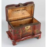 Old Tibetan or Chinese lacquerware jewelry box with gold colored painting. 20th century. Size: 25