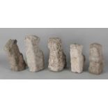 Five antique Chinese stone sculpted Foo-dogs / Temple-dogs. Size: 18 - 24 cm. In good condition.