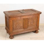 Antique German oak box with large lock and Baroque fittings. Wood pinned. Size: 47 x 68 x 37 cm.