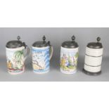 Four old German Fayence beer mugs. Old example. 20th century. Size: H 24 - 25 cm. In good condition.