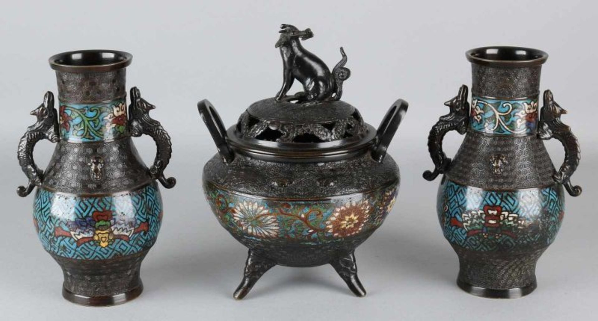 Three-piece 19th century Japanese bronze incense set with cloisonne and dragon decor. Size: 21.5 -