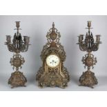 Antique French bronze clock set. Circa 1890. Eight-day movement, half hour stroke and spring