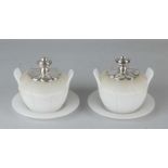 Two special milk glass butter jars on round dish with lid with silver button and neck, 835/000, with