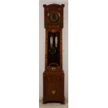 Antique German standing oak art nouveau clock with brass fittings, brass dial + weights. Circa 1910.