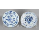 Two pieces of 18th century Delft Fayence plates with chinoiserie decors. Slight edge damage. Size: ø