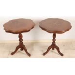 Two old walnut wine tables with floral + intarsia. With checked sheet. Style furniture. Second