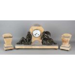 Antique marble French Art Nouveau clock set with pierrot and lady with fan. Circa 1915. Eight-day