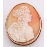 Large gold brooch, 585/000, with a shell bowl. Large oval golden cupboard with a twisted edge with a