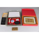 Ancient seven-piece Chinese calligraphy set, artwork in box, inkstone and Chinese brass abacus. 20th