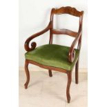 Mahogany Biedermeier armchair with green upholstery. Circa 1820. Size: 95 x 57 x 45 cm. In good