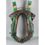 Antique horse harness. Circa 1900. Wood, leather, iron + brass. Size: 87 x 51 x 21 cm. In good