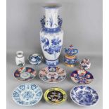 Box with various Chinese. Among others: Large blue-white vase, H 61 cm. Various Imari plates,