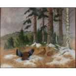 Carl Deiker 1926. 1879-1958. German School. Auerhaan with hens in the snow. Oil paint on linen.