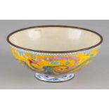 Old Chinese cloisonné painted bowl with dragon decor and soil mark. Size: 6 x 14.5 cm ø. In good