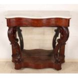 Large antique mahogany trumeau with mirror and white marble top. With curved front. Size: 98 x 100 x