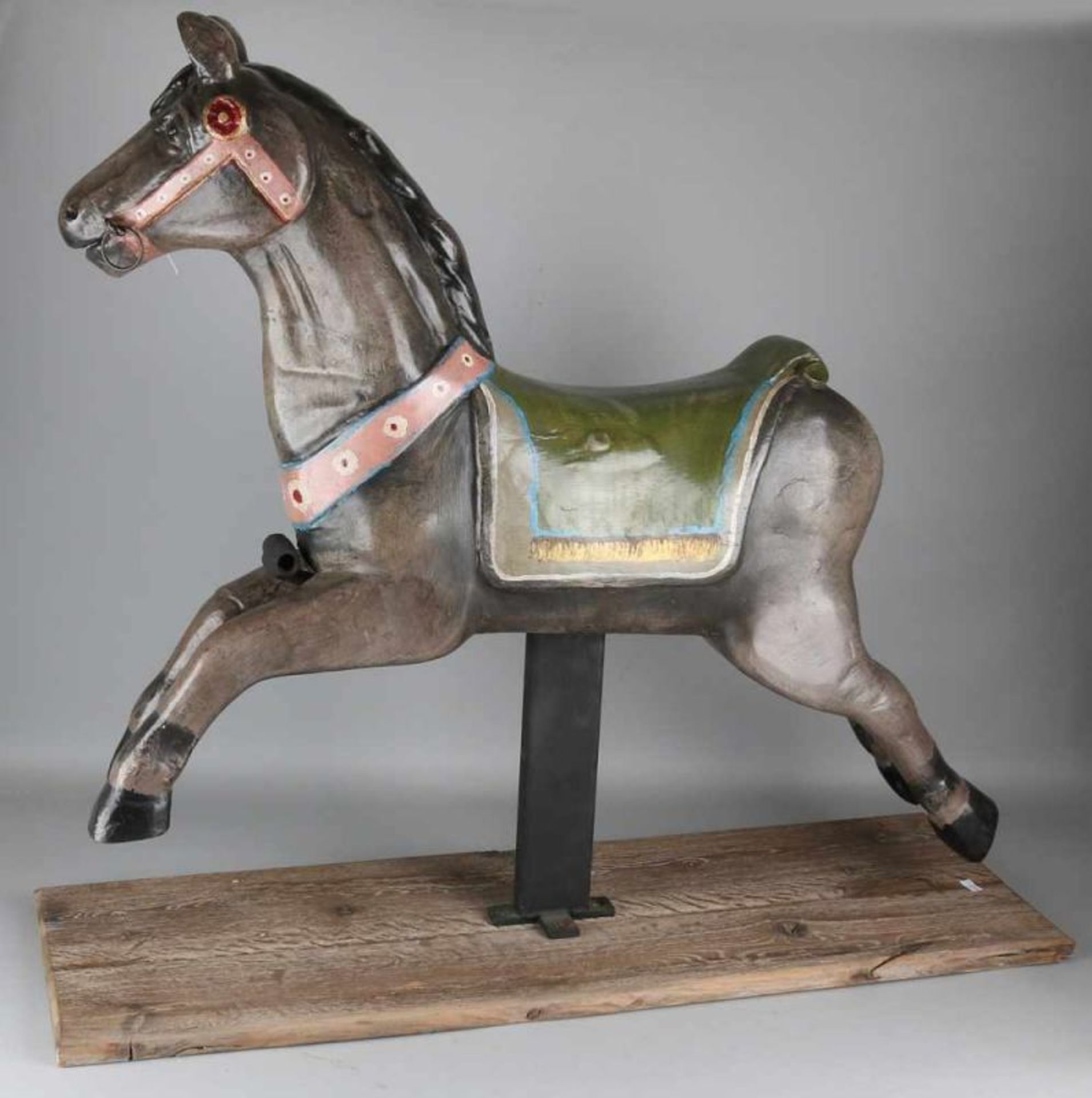 Old polychrome painted carousel horse. Mounted on standard. Tail fog. 20th century. Size: 86 x 90