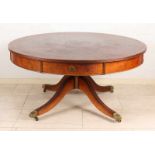 English Sheraton-style carrot nut coffee table with drawers and copper claw feet on wheels. Style