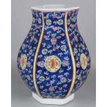 Six-sided old Chinese porcelain ornamental vase with floor mark. 20th century. Republican style.