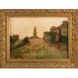 R. Graafland. Circa 1920. Girl in landscape. Oil paint on panel. Size: 45 x 33 cm. In good