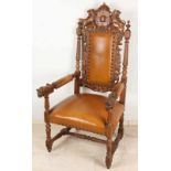 French oak armoured armchair with lions around 1880 with brown leather upholstered. Cond. Good.