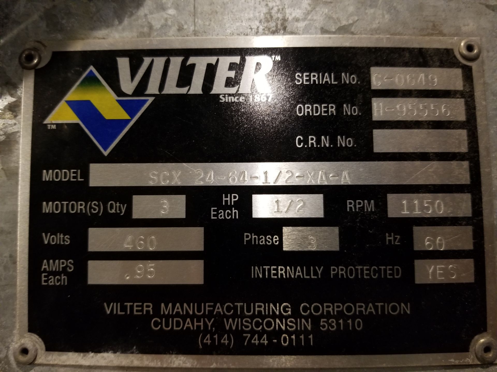 Vilter Cooler Model: SCX 24-64-1/2-XA-A Serial: C-0649 Order No: H-95556 3 Motors - 1/2 HP each, 460 - Image 2 of 2
