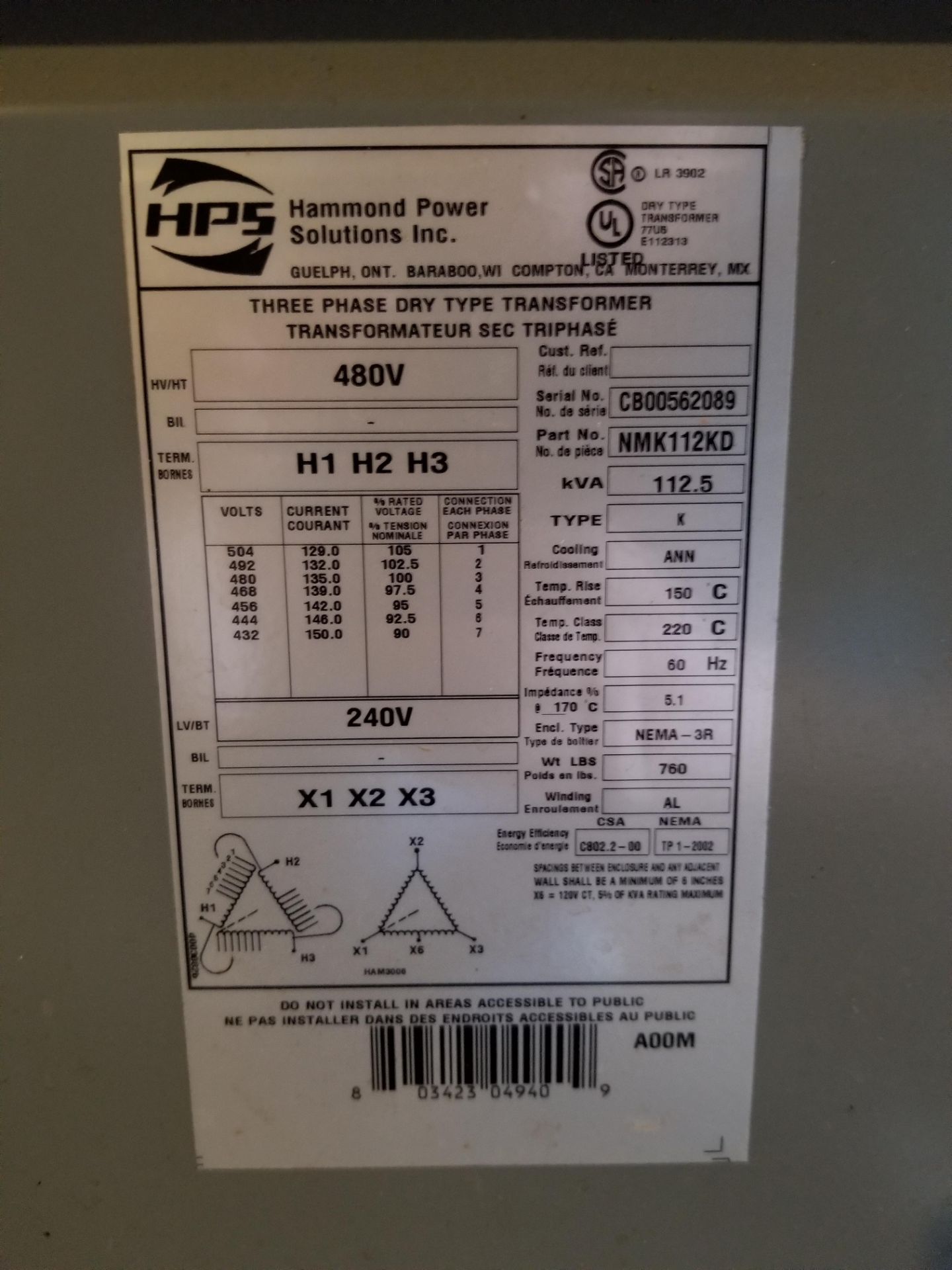 Hammond Power Solutions Part No: NMK112KD Serial: CB00562089 Three Phase Dry Type Transformer, HV: - Image 3 of 3