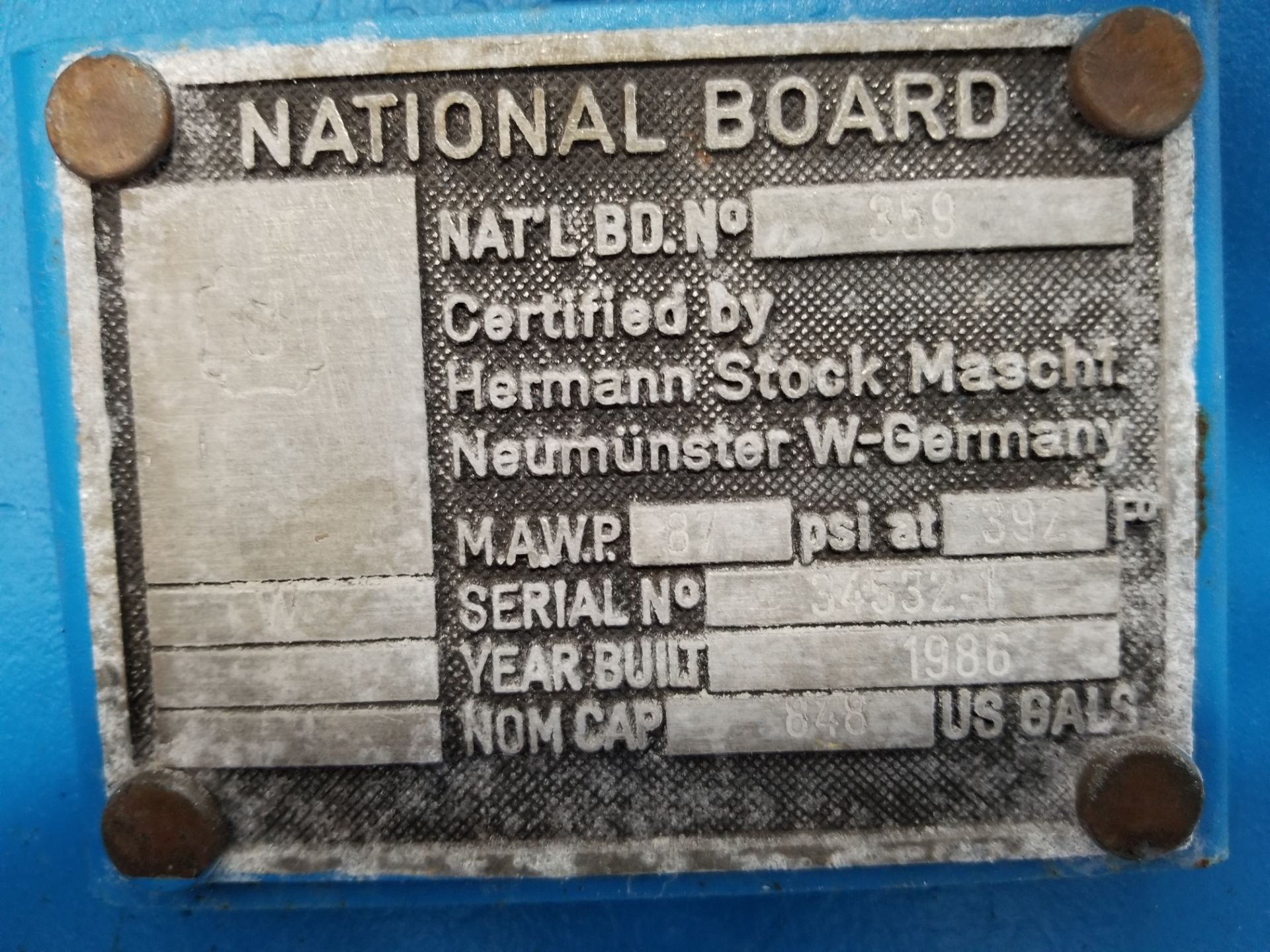 Stock Retort Unit; National Board Number: 359, Serial: 34532-1, Year: 1986 MAWP 87 Psi at 392 F, - Image 2 of 7