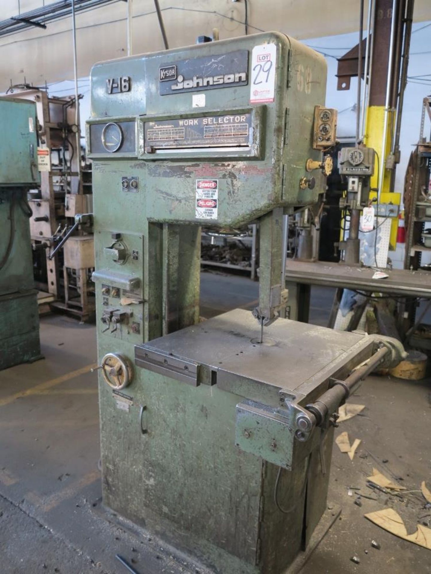 16" KYSOR JOHNSON VERTICAL BANDSAW, WELDER GRINDER, CUT-OFF, HIGH / LOW SPEED TRANSMISSION, S/N