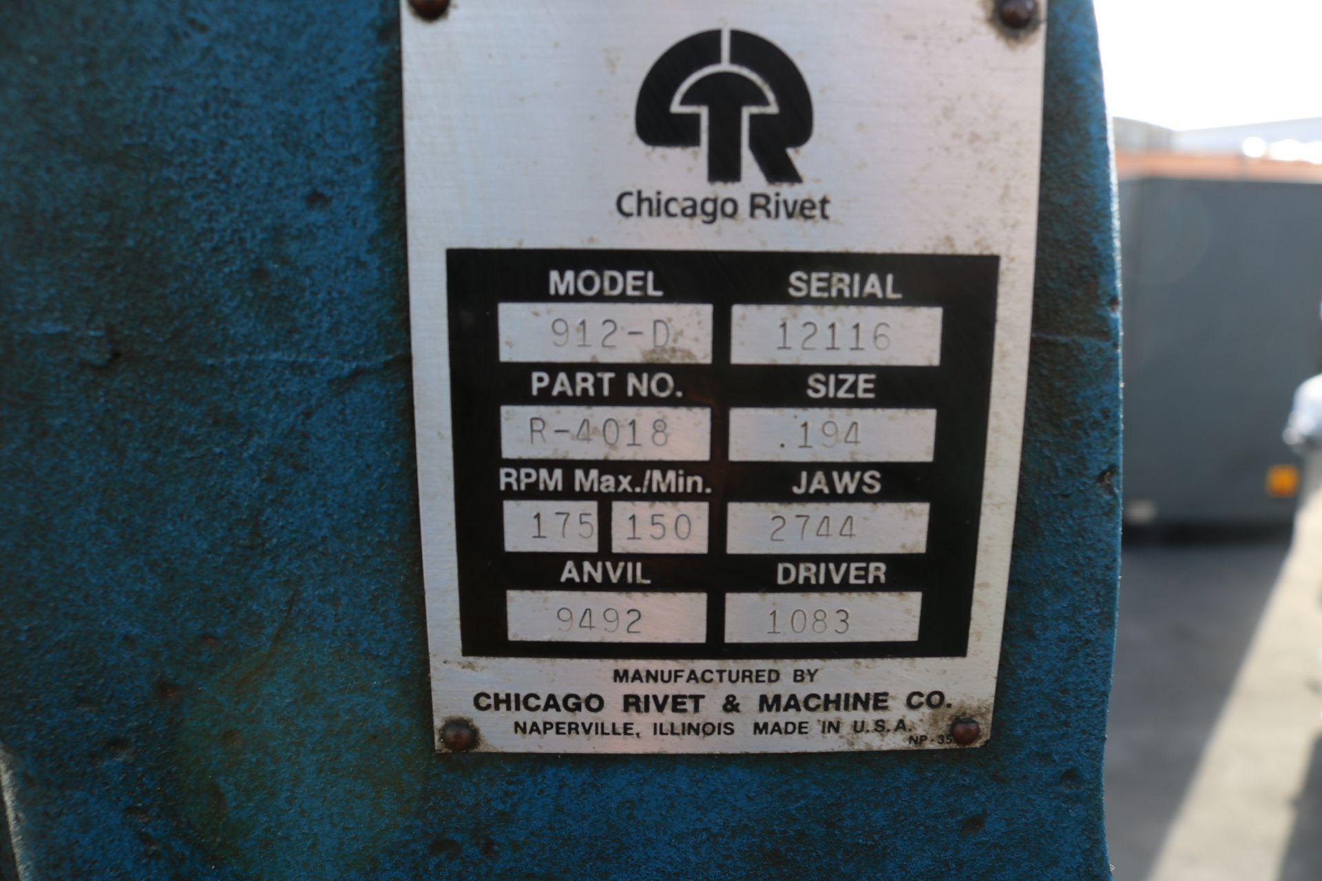 CHICAGO RIVET MACHINE, MODEL 912-D, S/N 12116 - Image 2 of 2